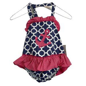 Shrimp Grits Kids Anchors Away Bathing Suit Girls Navy Blue Red Skirted Size 3T